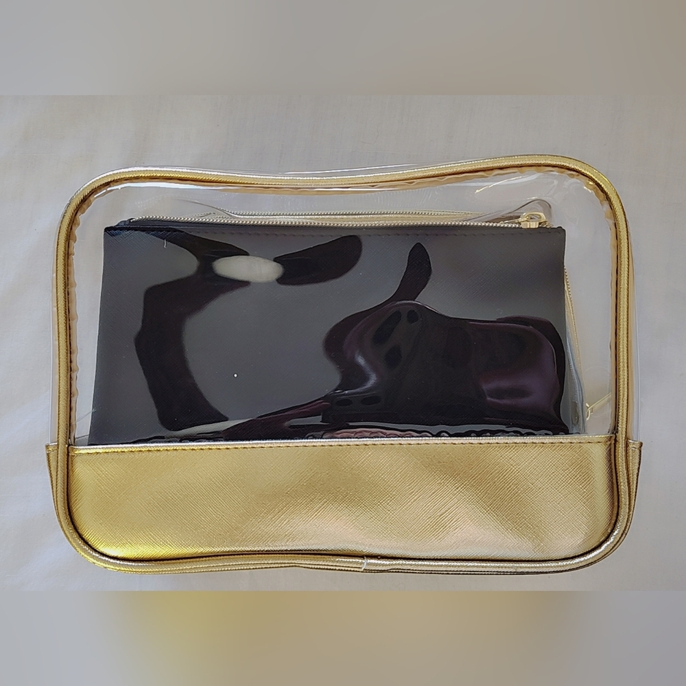 ✨ NWT 3-Piece Travel Cosmetic Bag Set – Gold, Black & Clear ✨ - Picture 3 of 8